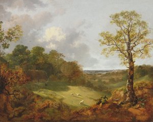 Paisagem arborizada com uma casa de campo, ovelhas e um pastor reclinado, c.1748-50